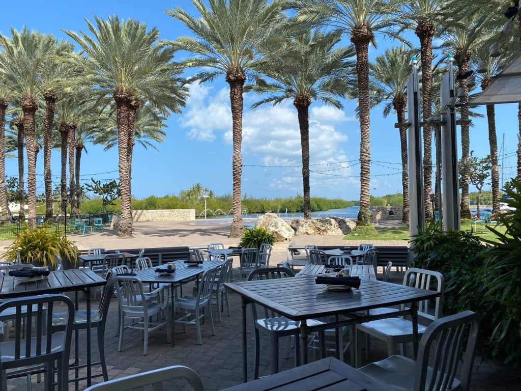 View of the Crescent waterfront in Camana Bay, a popular Sunday dining destination in Grand Cayman.